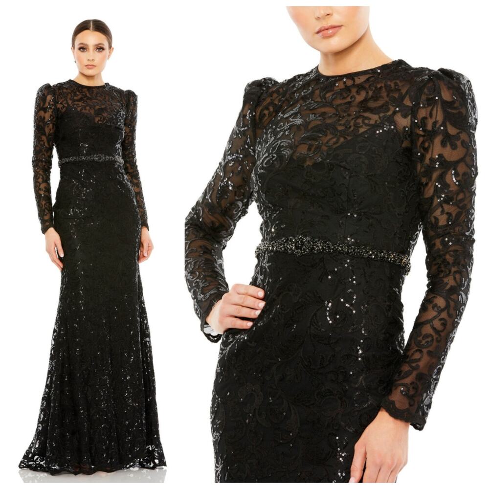 Mac Duggal 68011 Black Sequin Lace Formal Gown Long Sleeve Sheath Size 6 Dress